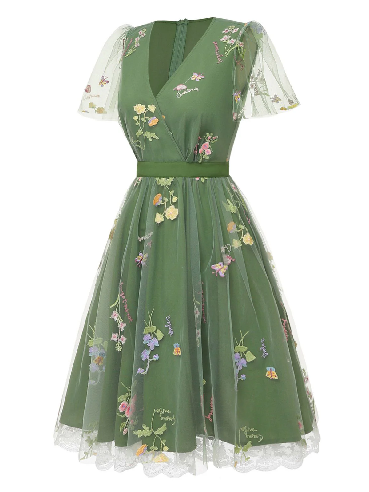 Robe verte manches bouffantes et broderies florales en résille années 50 - Image 3