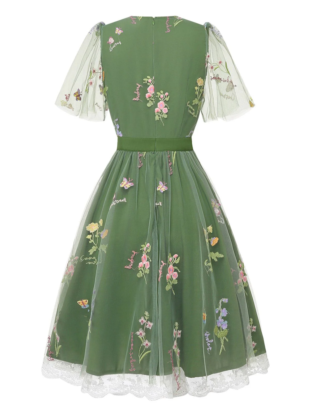 Robe verte manches bouffantes et broderies florales en résille années 50 - Image 4