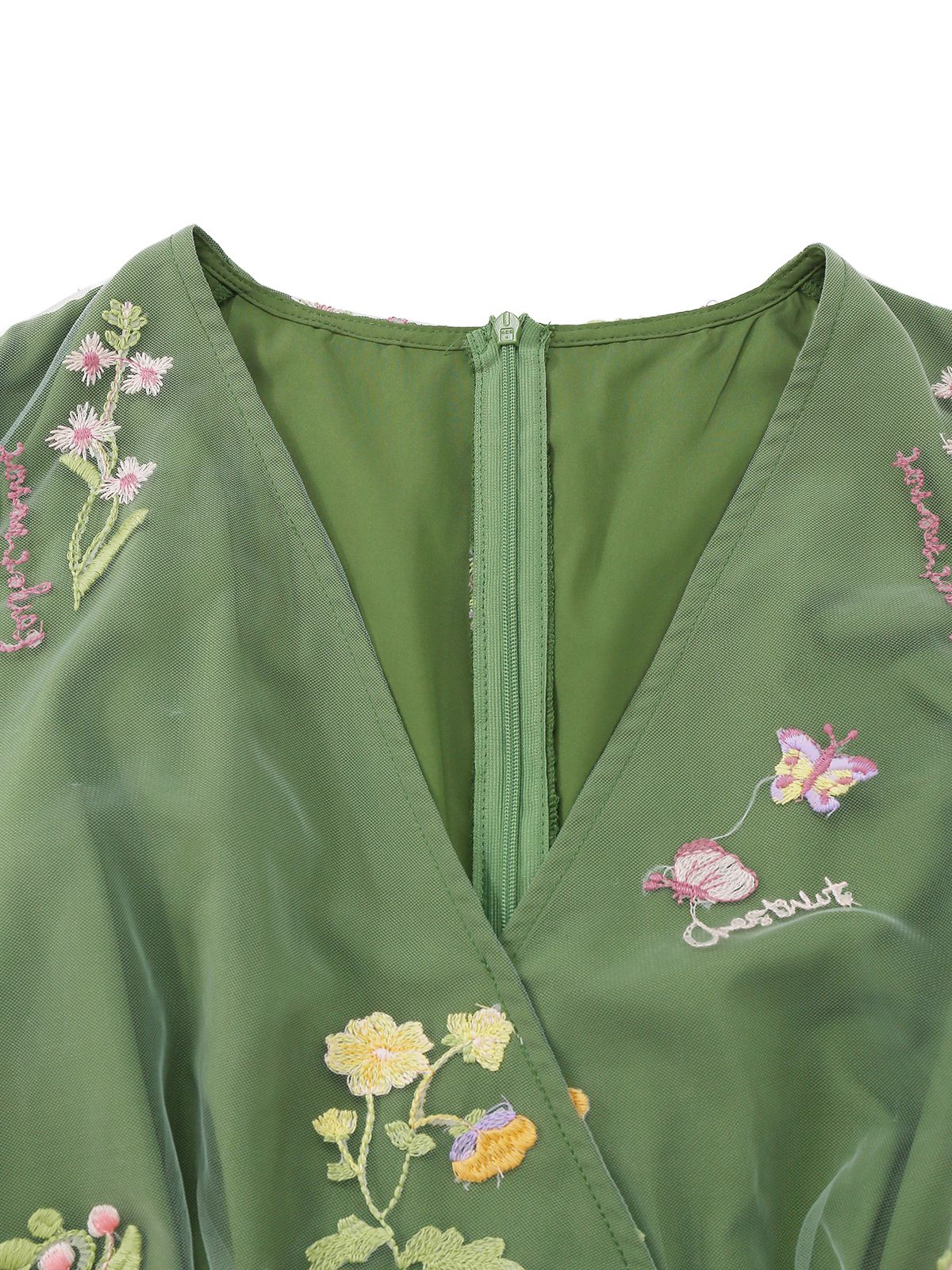 Robe verte manches bouffantes et broderies florales en résille années 50 - Image 6