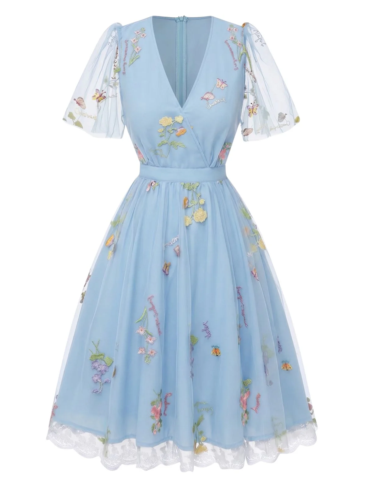 Robe verte manches bouffantes et broderies florales en résille années 50 - Image 9