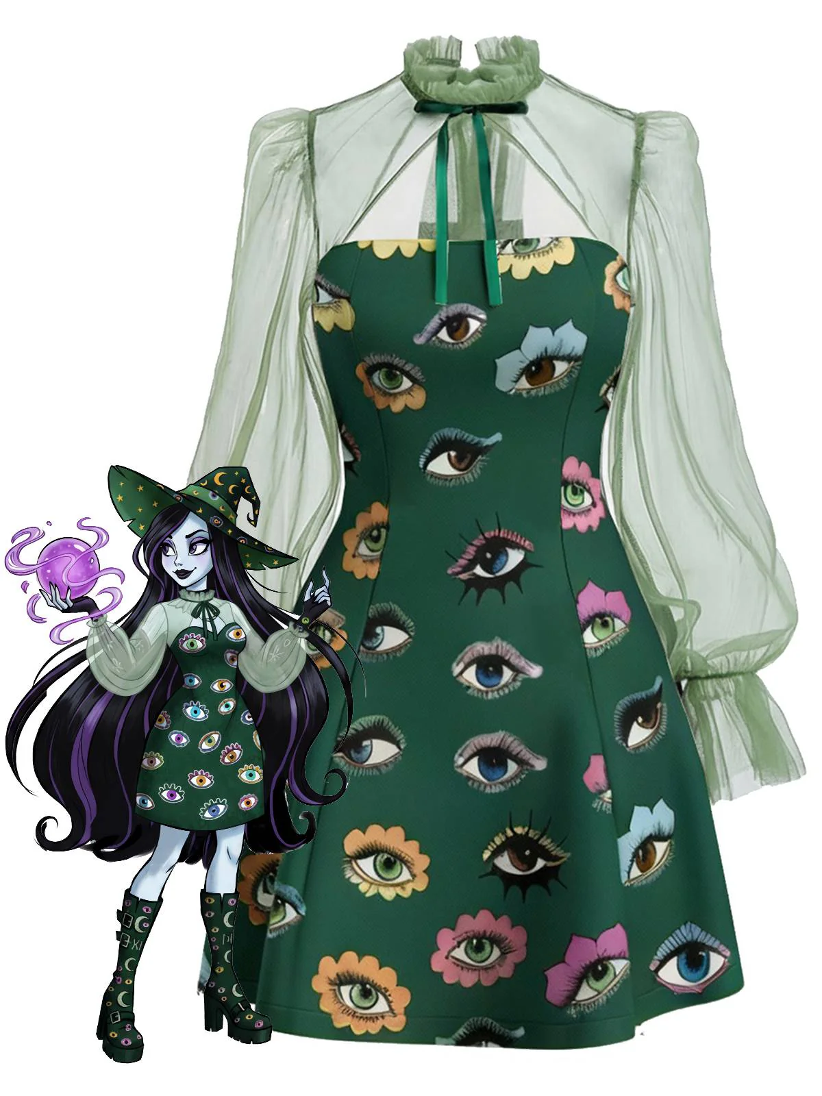 Robe verte manches en maille imprimé œil gothique Halloween années 1960
