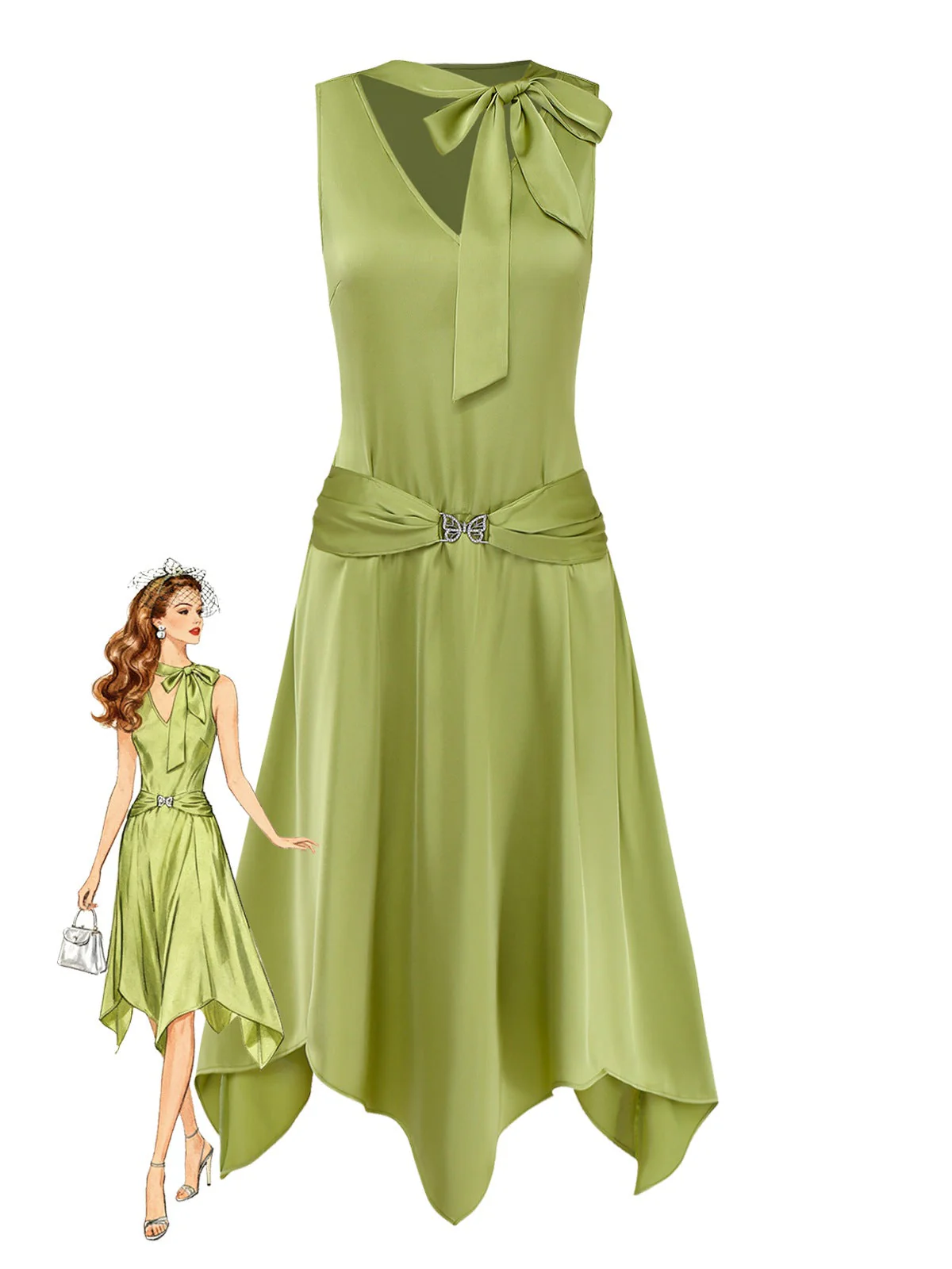 Robe chartreuse ourlet mouchoir scintillant 1920s