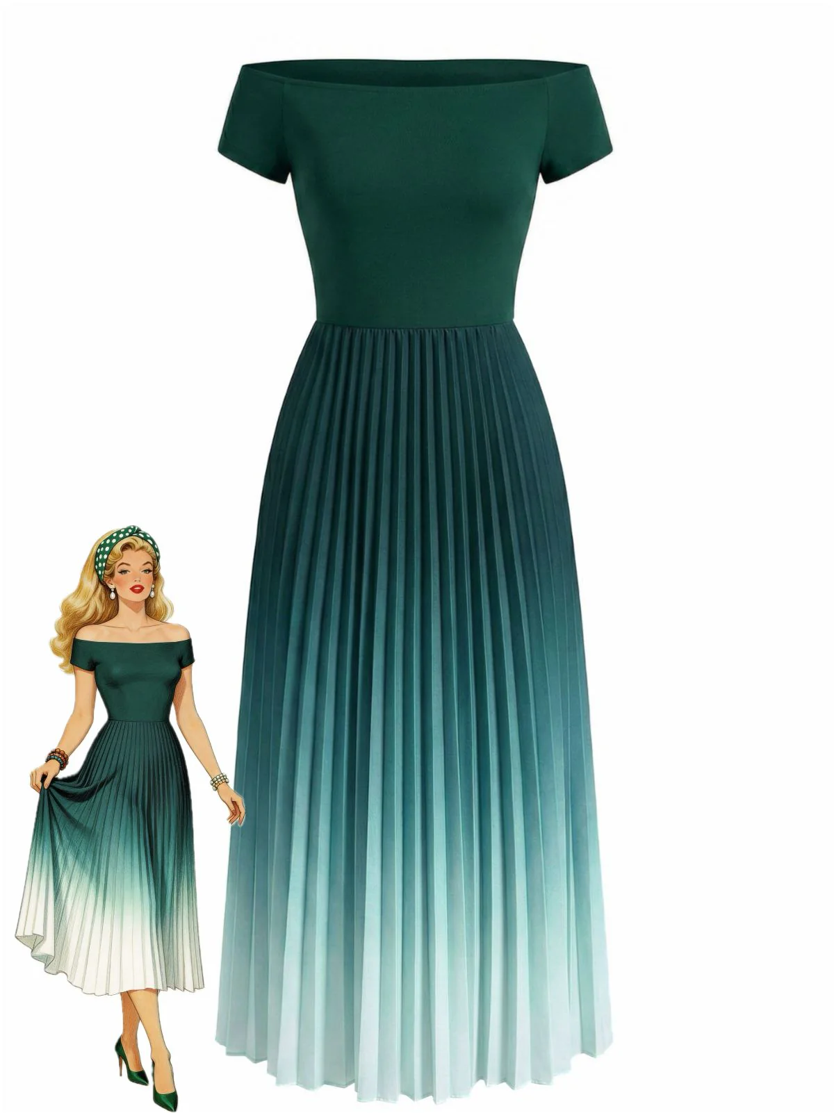 Robe verte plissée dégradée épaules dénudées 1940s