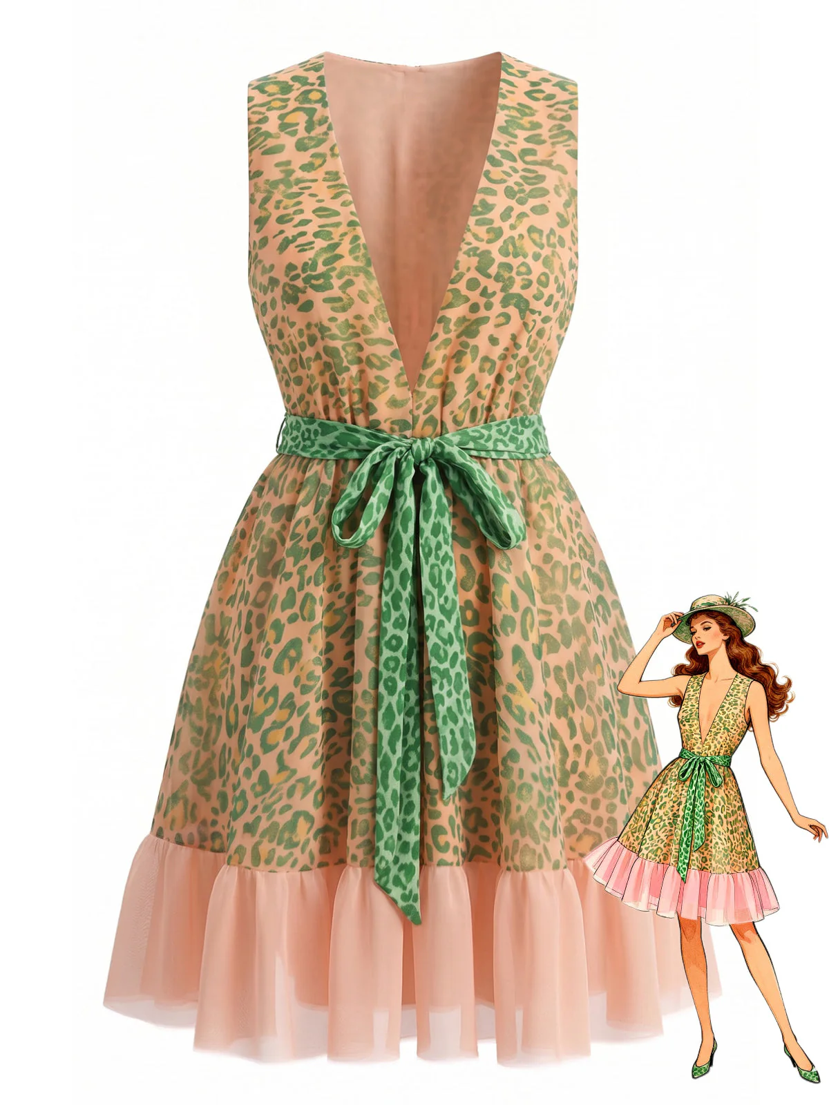 Robe Verte Sans Manches Col V Léopard Années 50