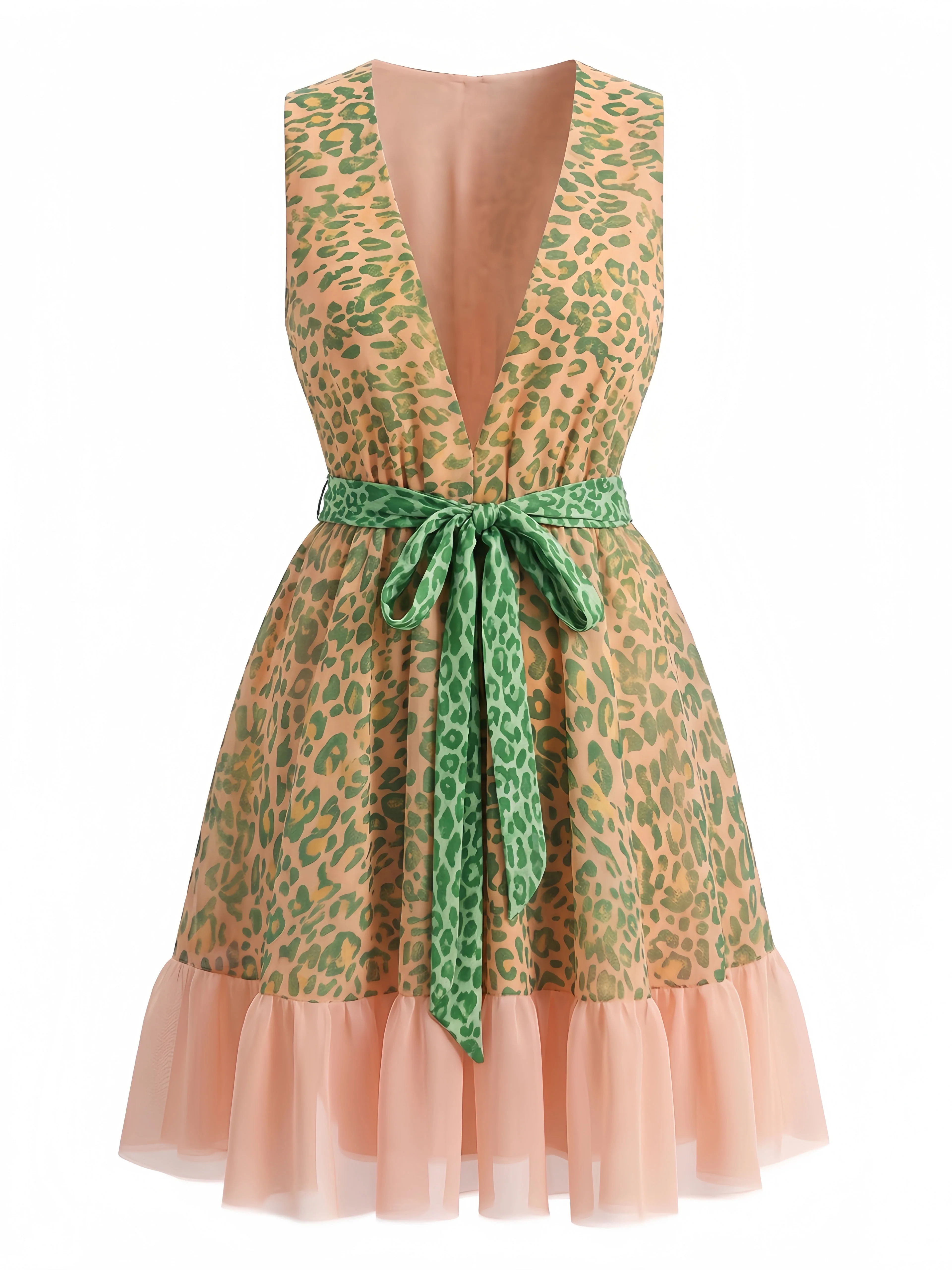 Robe Verte Sans Manches Col V Léopard Années 50 - Image 3