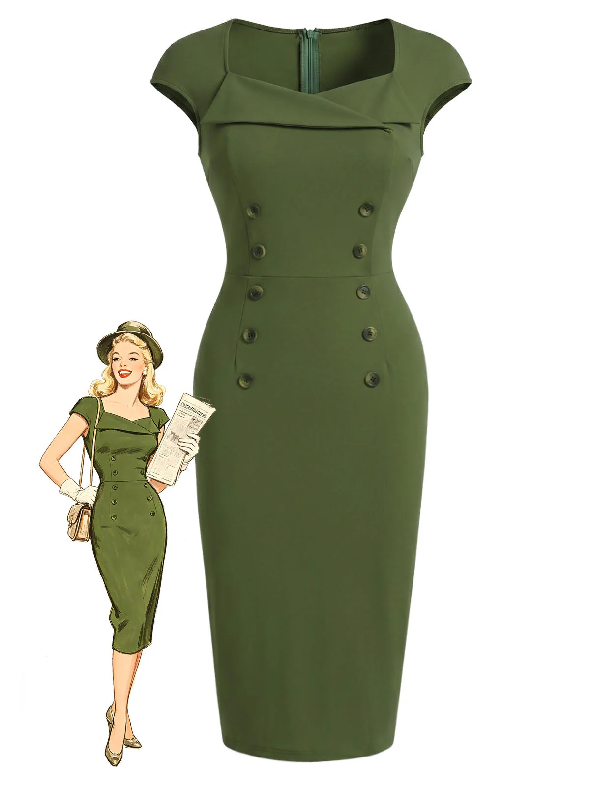 [Prévente] Robe verte unie encolure cœur et boutonnée années 60