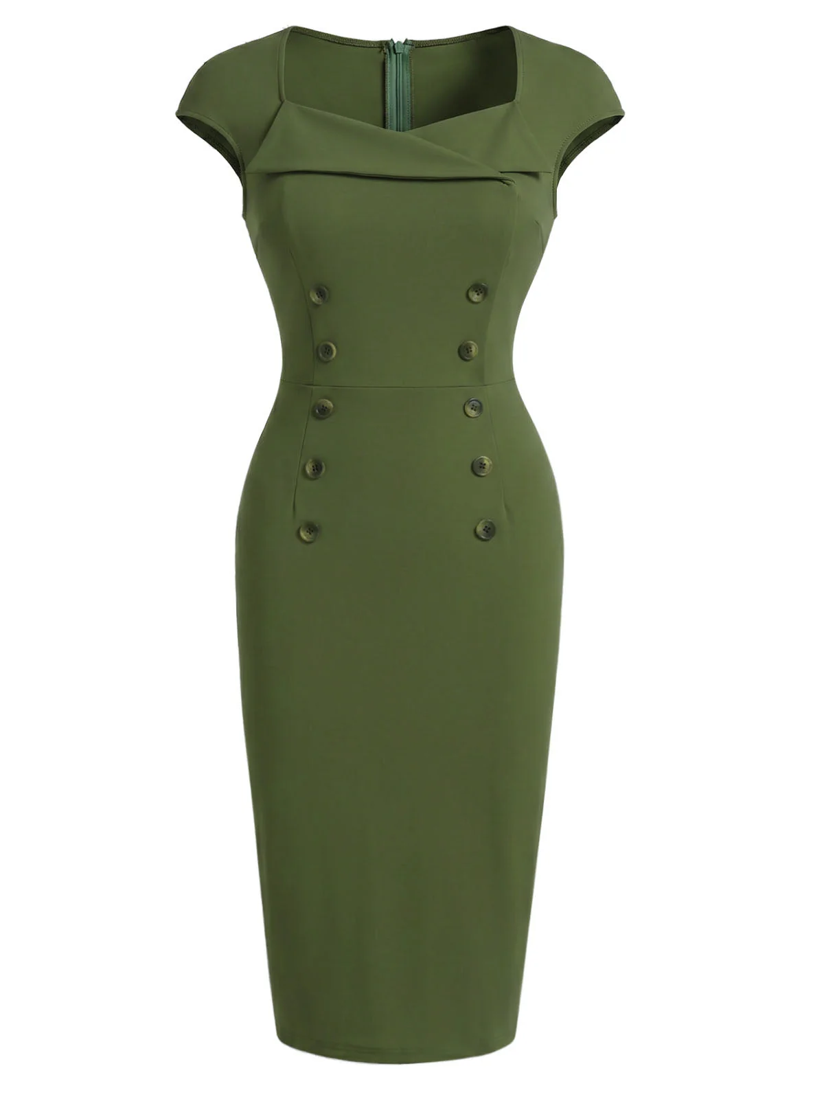 [Prévente] Robe verte unie encolure cœur et boutonnée années 60 - Image 2