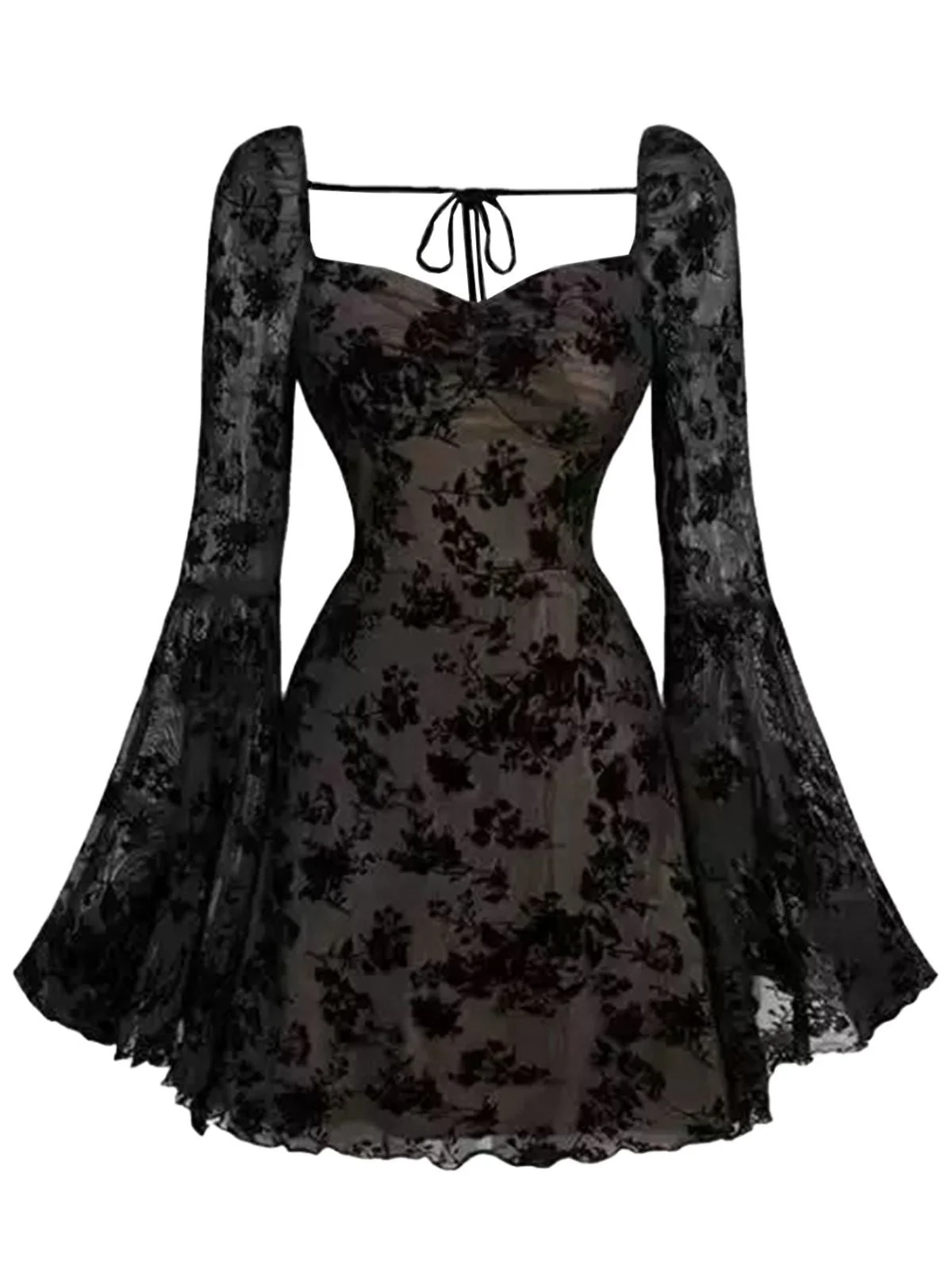 Robe vin rouge en dentelle florale manches évasées des années 1950 - Image 7