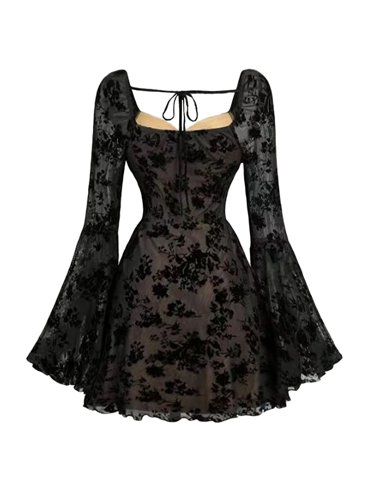 Robe vin rouge en dentelle florale manches évasées des années 1950 - Image 11
