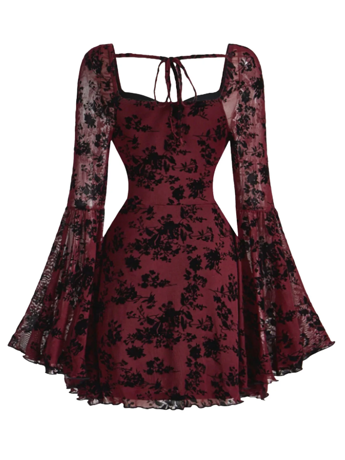 Robe vin rouge en dentelle florale manches évasées des années 1950 - Image 4