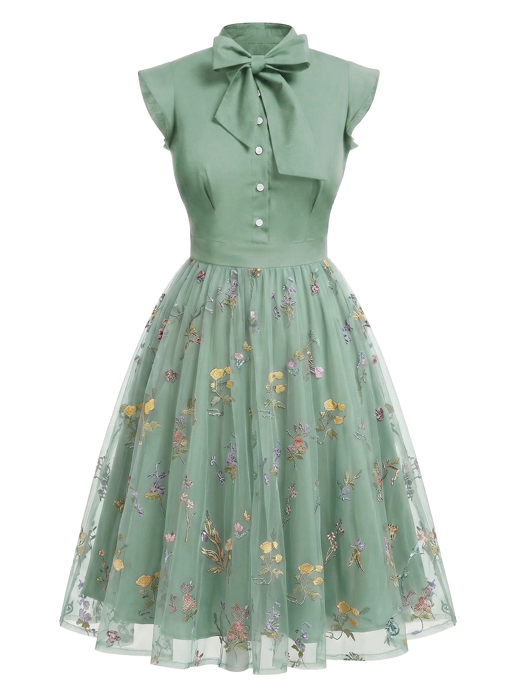 Robe vintage verte à patchwork floral années 1950