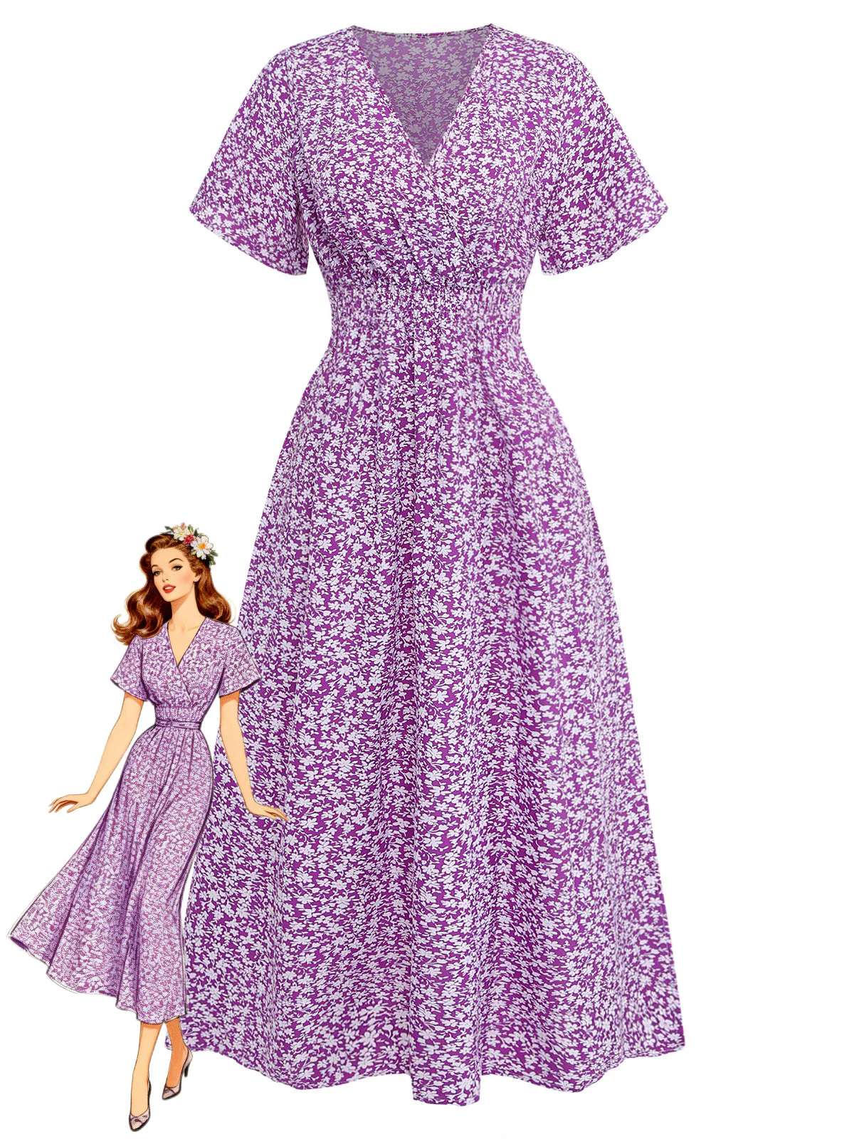 Robe Violet Petites Fleurs Manches Courtes Années 1940