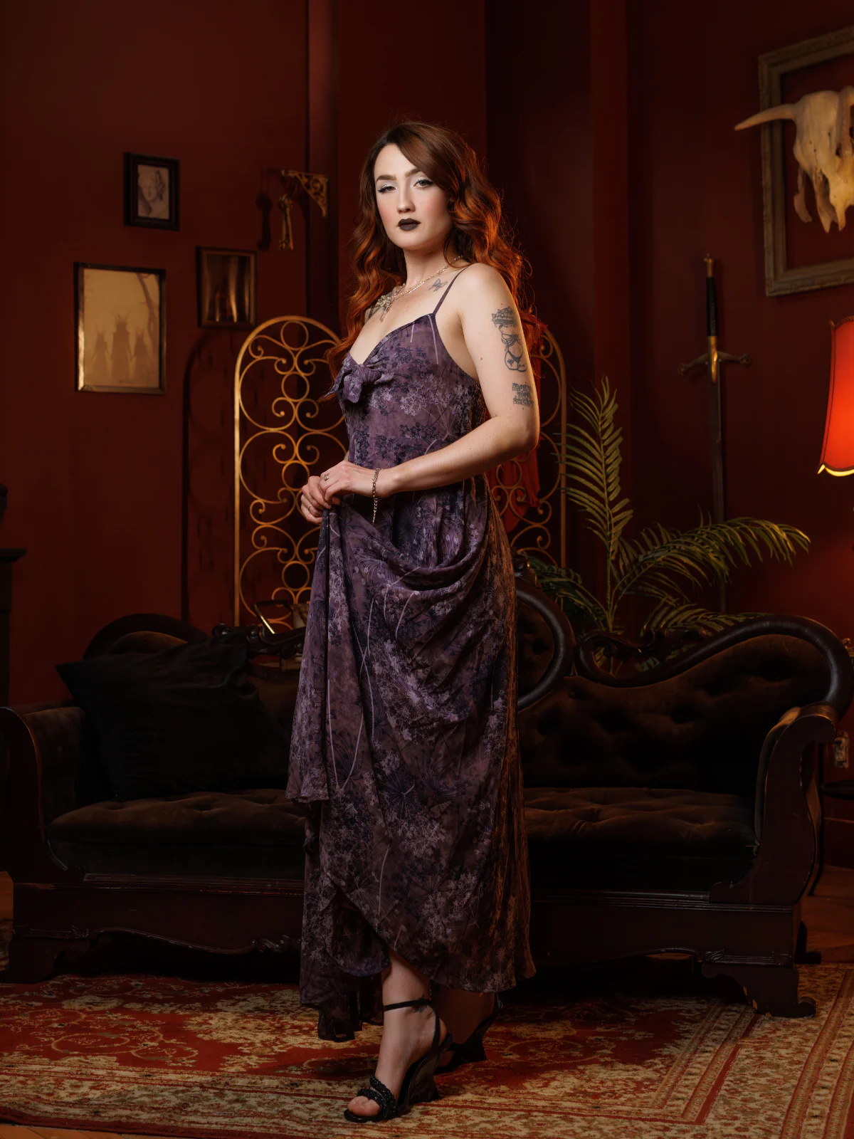 Robe Violet Slip Bohème Col V Fleurs Aquarelle Années 30 - Image 4