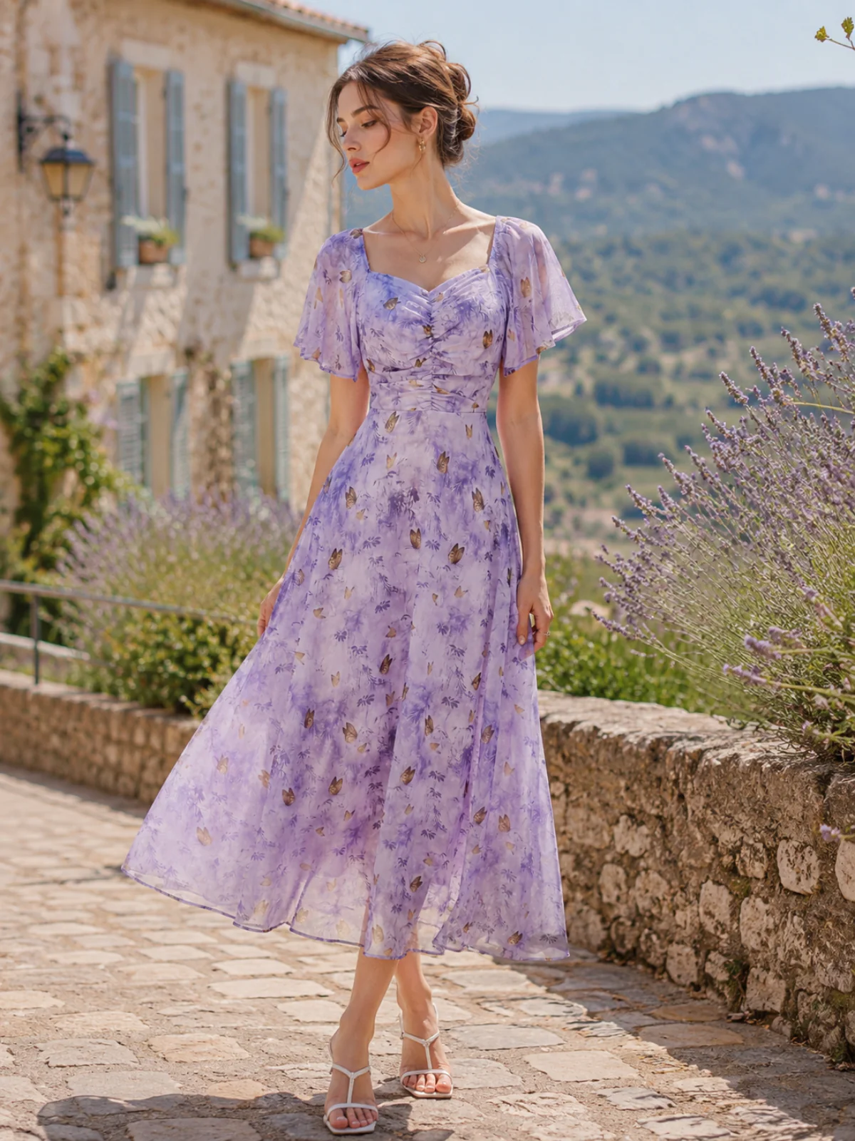 Robe violette mousseline à manches papillon années 1930 - Image 2
