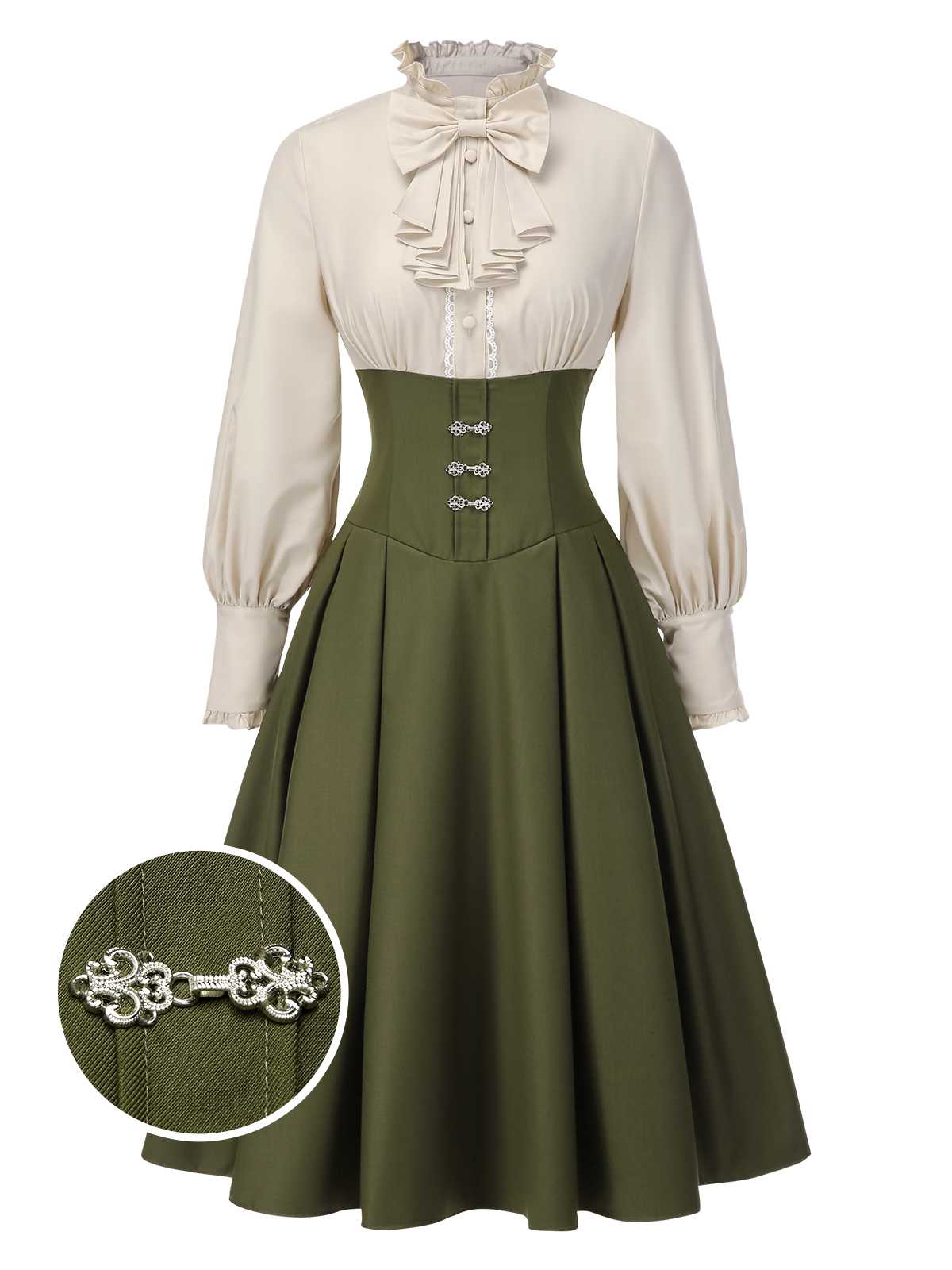 Robe à volants bloc de couleur col jabot et nœud victorien des années 1950