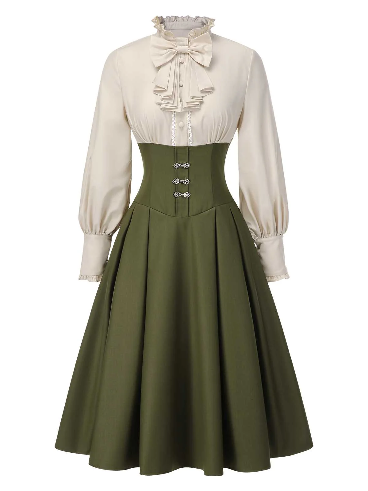 Robe à volants bloc de couleur col jabot et nœud victorien des années 1950 - Image 2