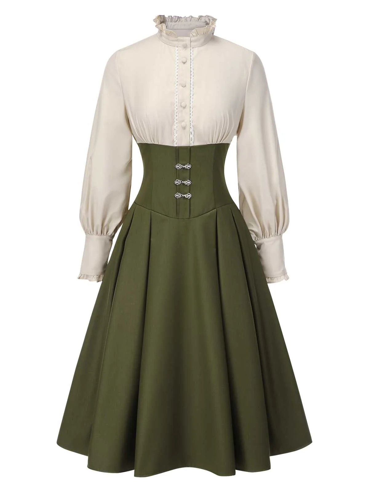 Robe à volants bloc de couleur col jabot et nœud victorien des années 1950 - Image 3