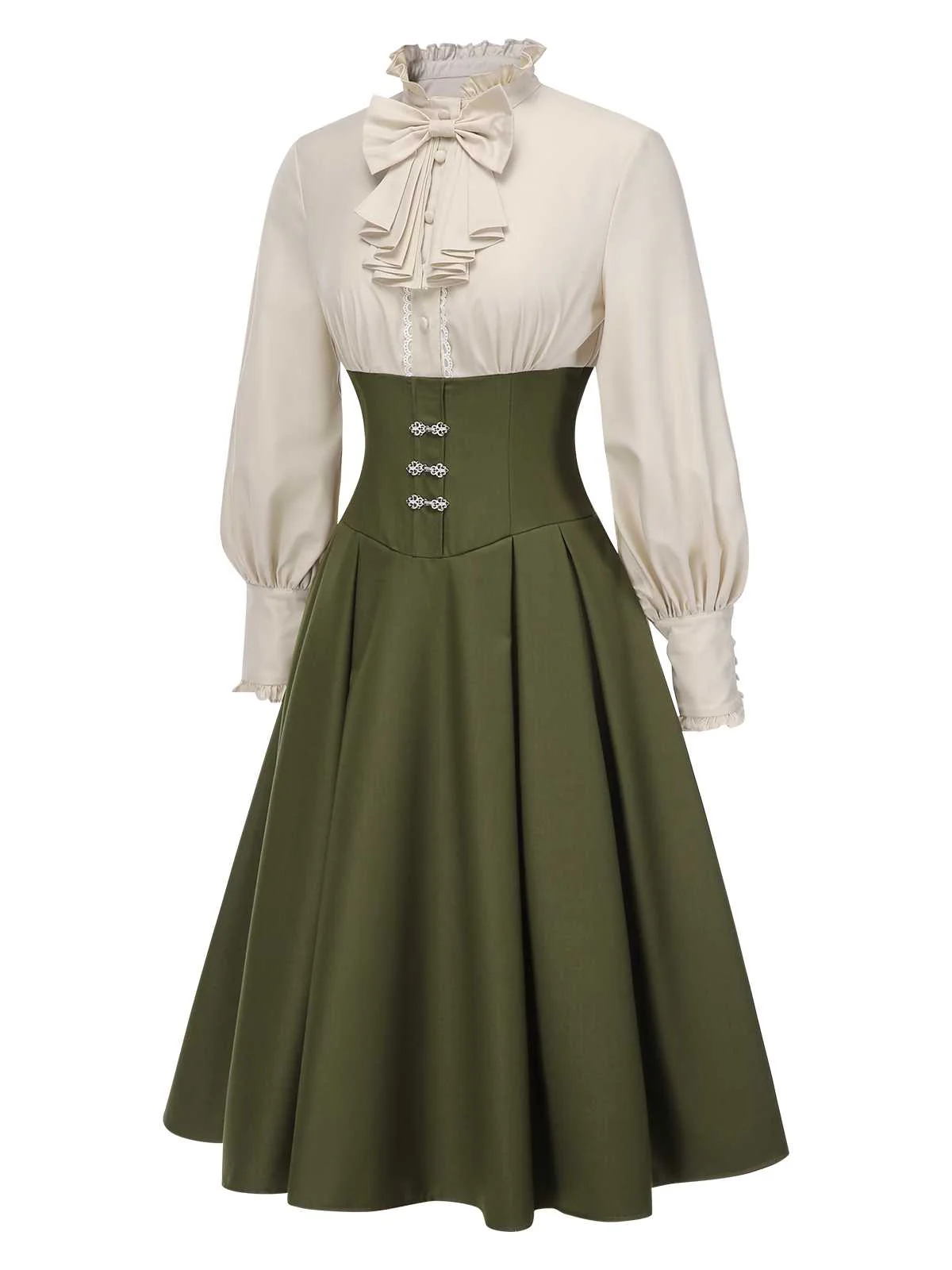 Robe à volants bloc de couleur col jabot et nœud victorien des années 1950 - Image 4