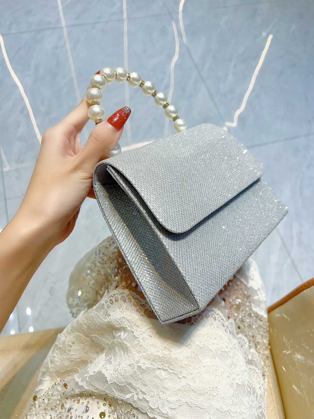 Sac à main vintage argenté à strass et fausses perles - Image 6