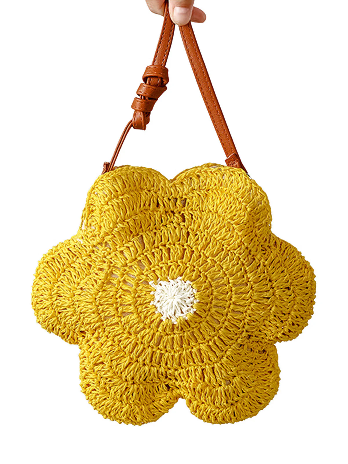 Sac Bandoulière Tissé Paille Forme Fleur Jaune - Image 2
