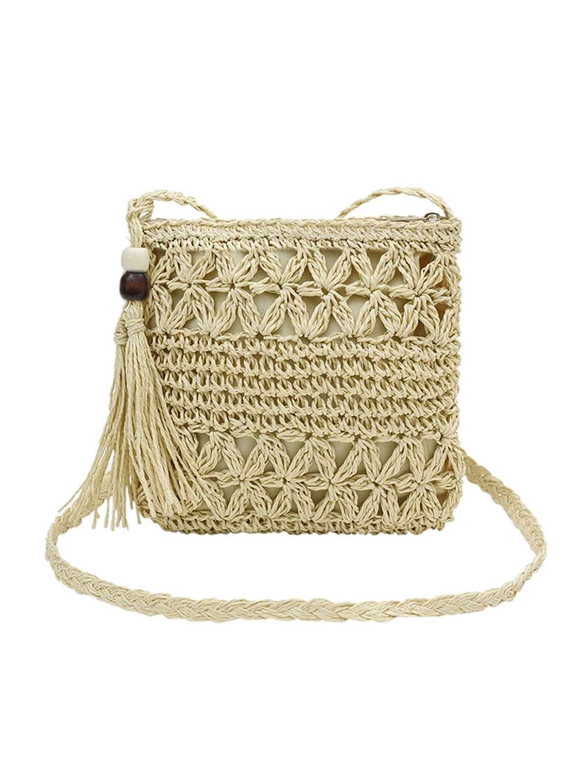 Sac bandoulière vintage en paille et perles en bois - Image 2