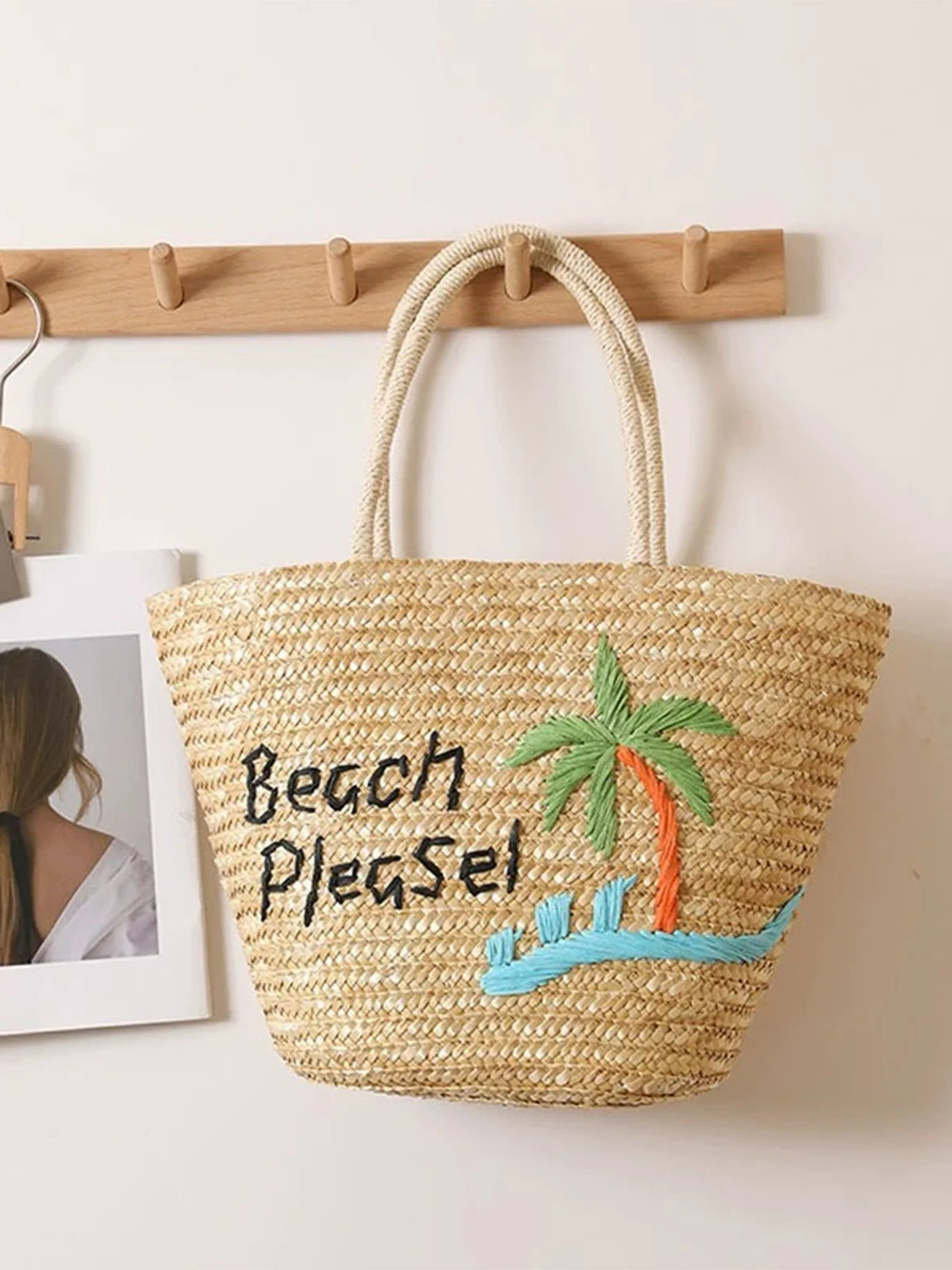 Sac de plage en paille kaki brodé d'un palmier - Image 2