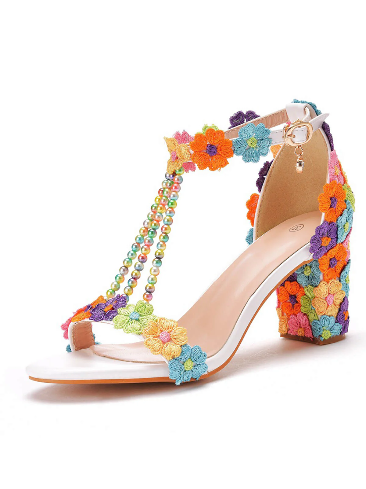 Sandales à talons hauts brodées à la main avec fleurs perlées - Image 4