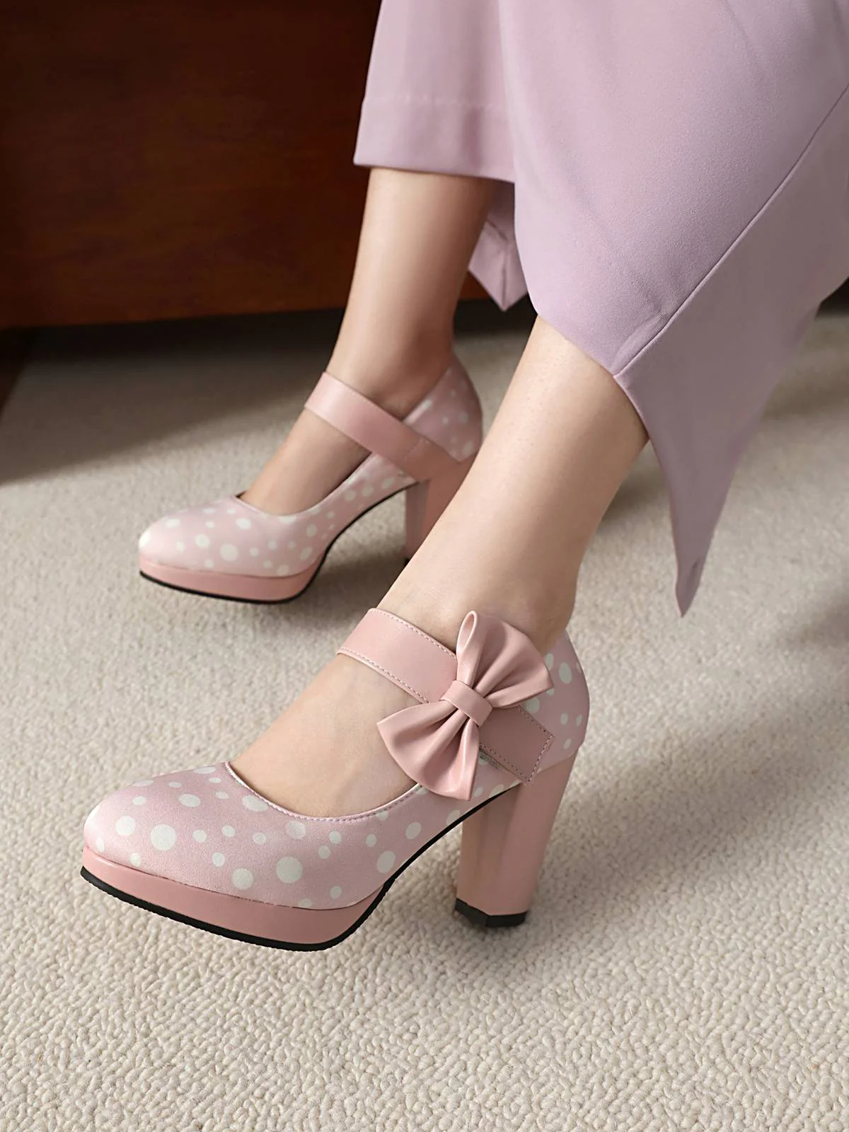 Talons épais rétro Mary Jane à pois et nœud papillon - Image 11