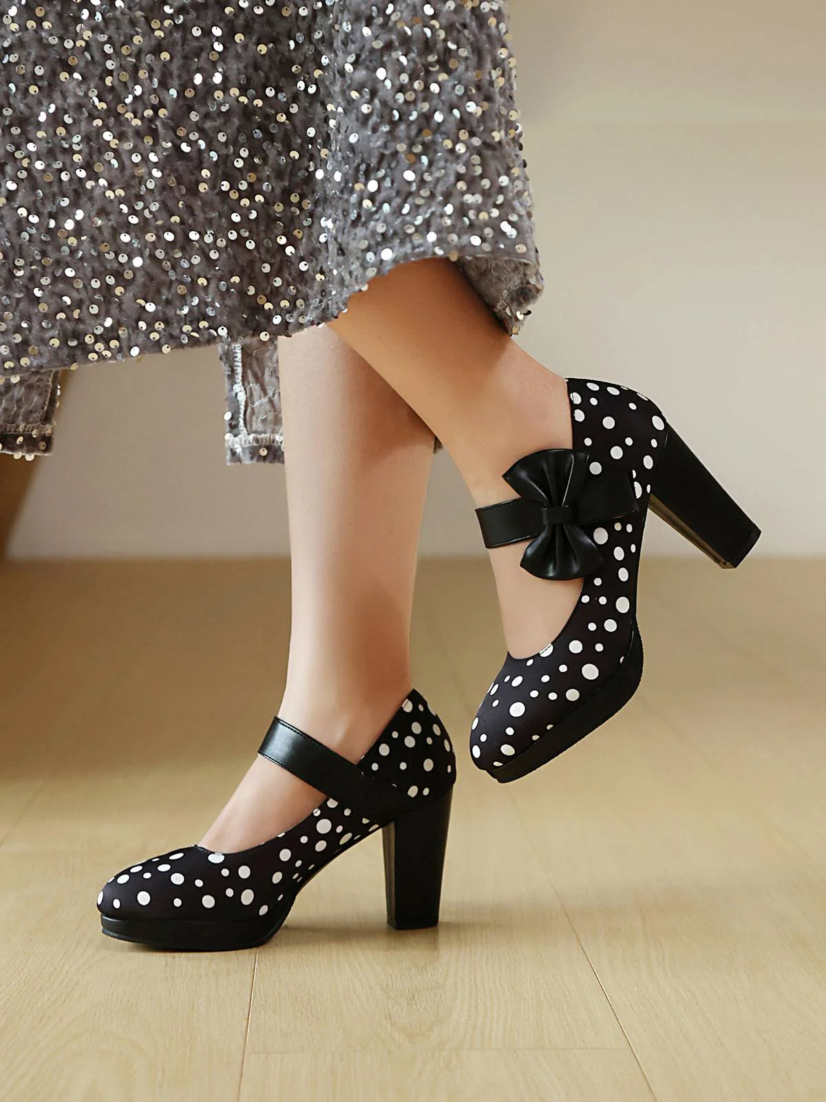 Talons épais rétro Mary Jane à pois et nœud papillon - Image 15