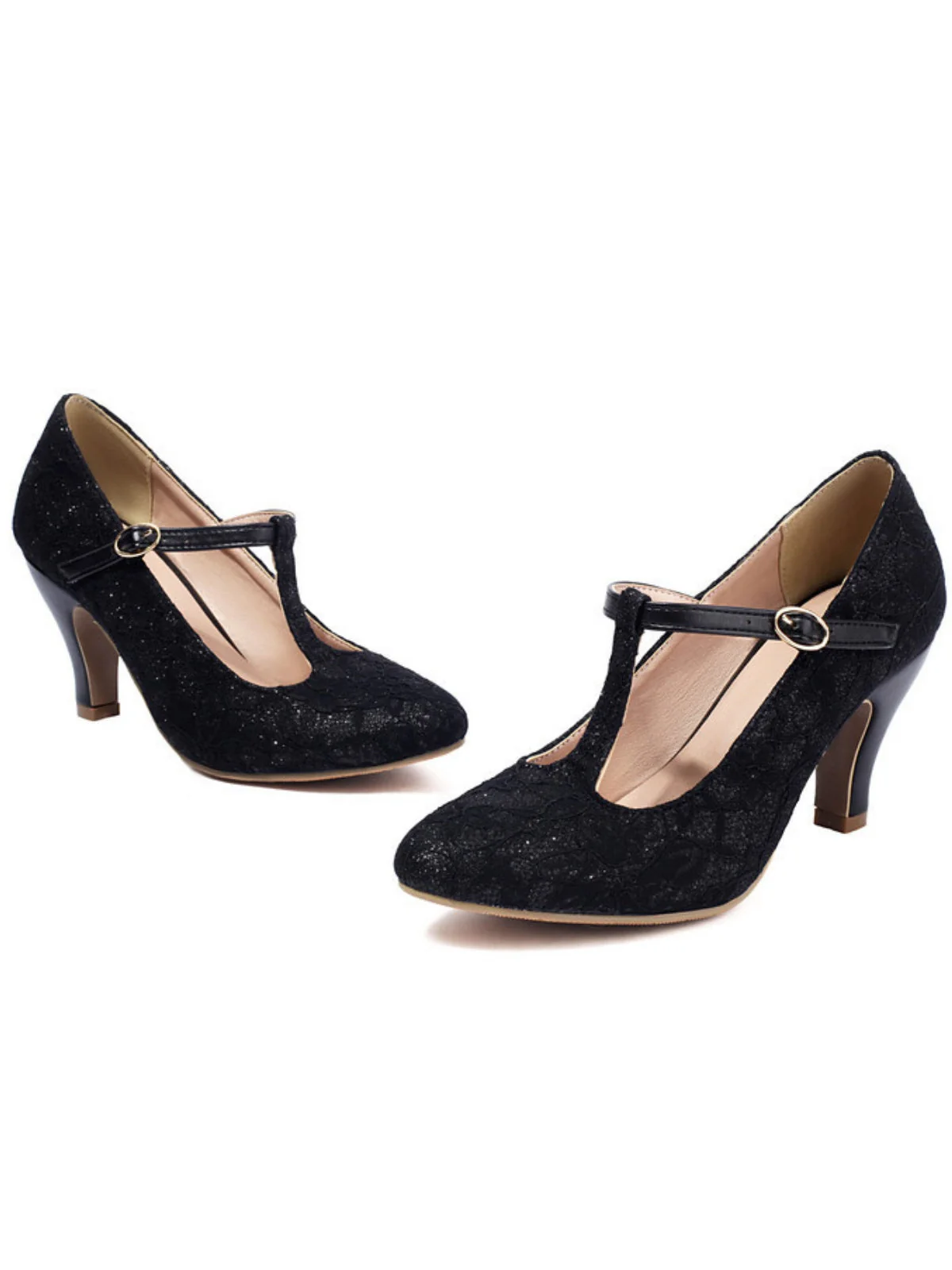 Talons hauts vintage en dentelle patchwork avec bride en T et boucle - Image 2