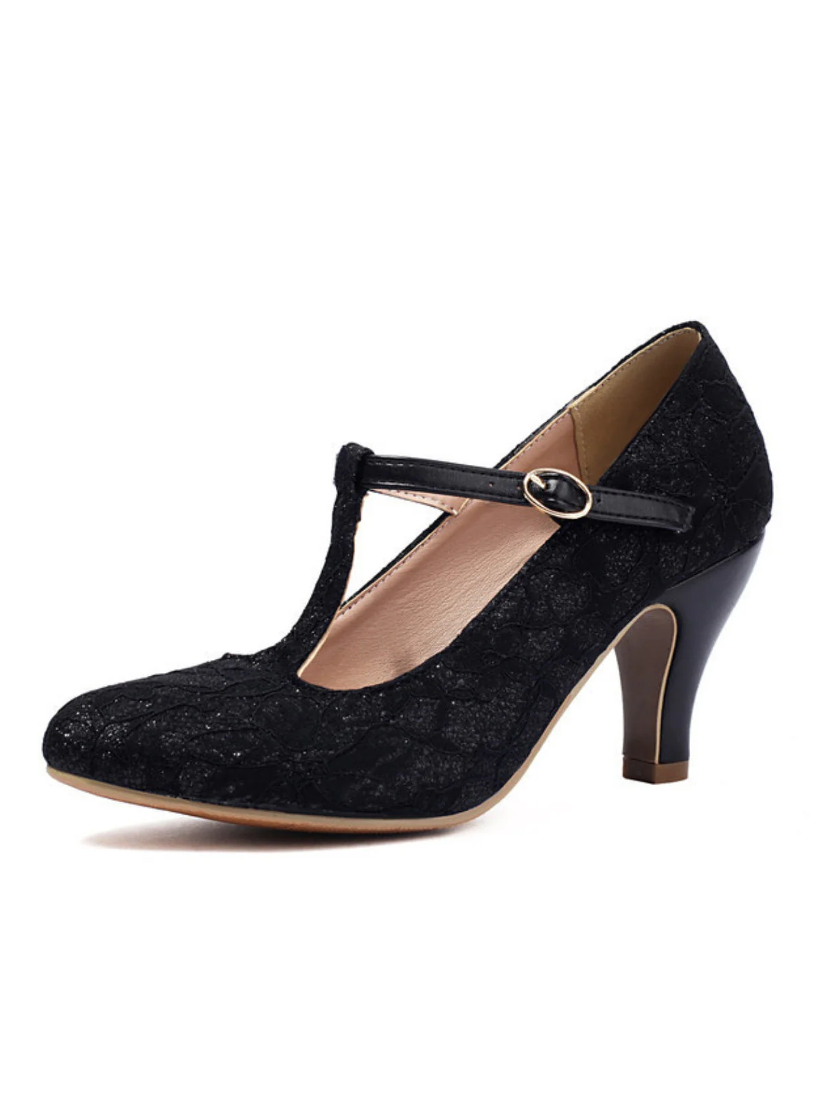 Talons hauts vintage en dentelle patchwork avec bride en T et boucle - Image 3