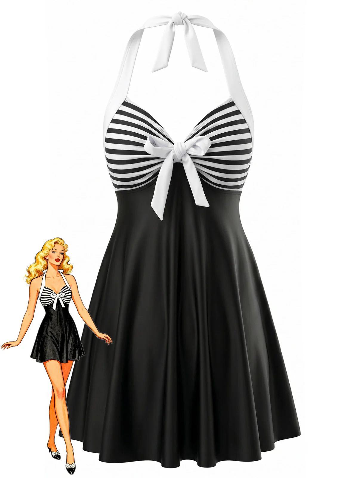 Tankini Licou Rayé Avec Nœud Noir Et Blanc Années 1940
