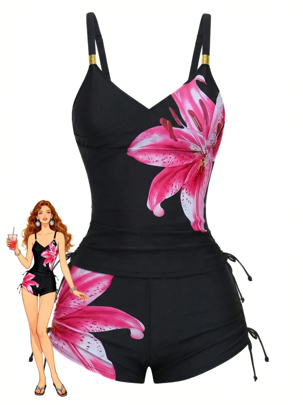 Tankini orange à lacets uni à motif floral années 1950 - Image 10