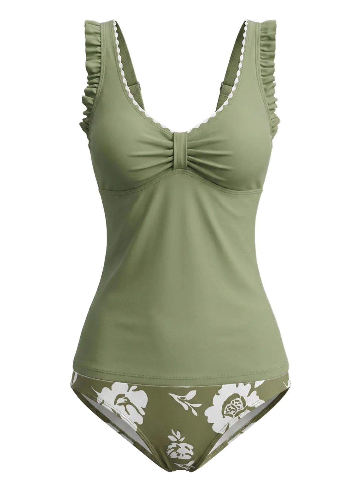 Tankini Vert Bretelles À Volants Imprimé Fleurs Années 1950