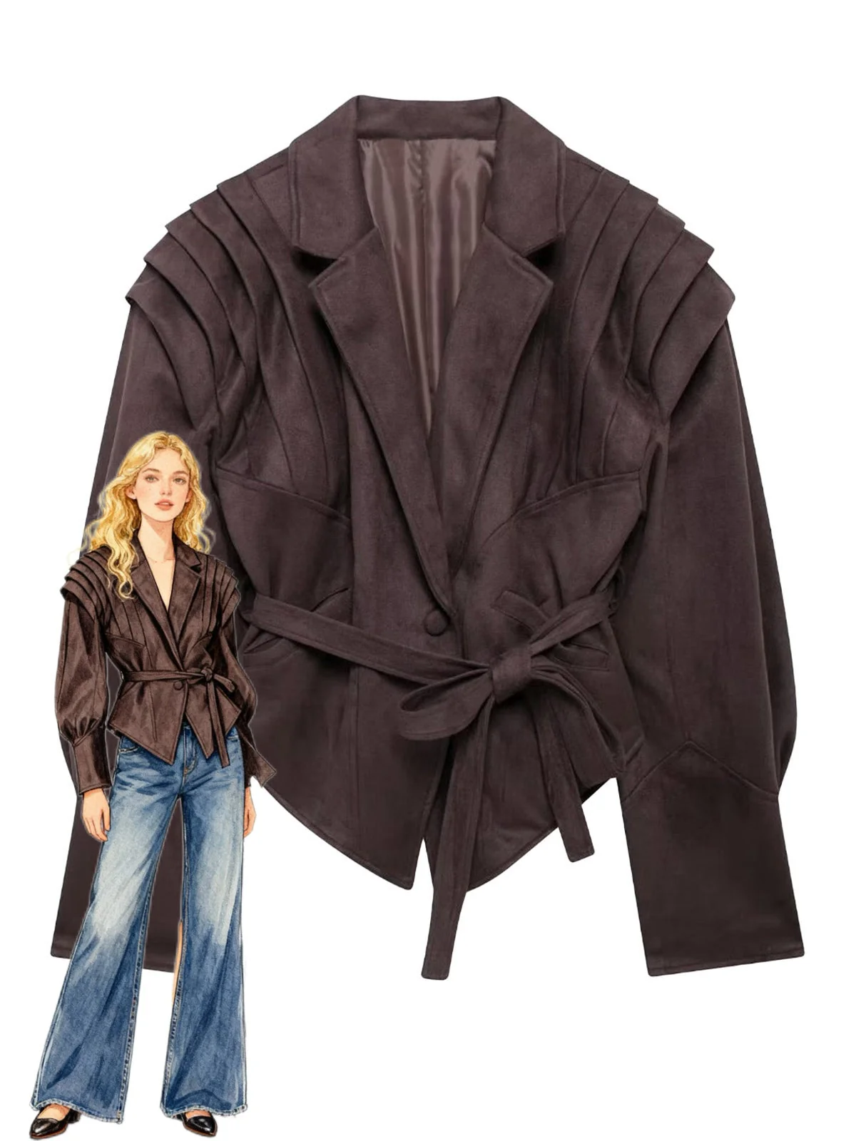 Veste à boutons unis en col en V et lacets années 1980 - Image 3