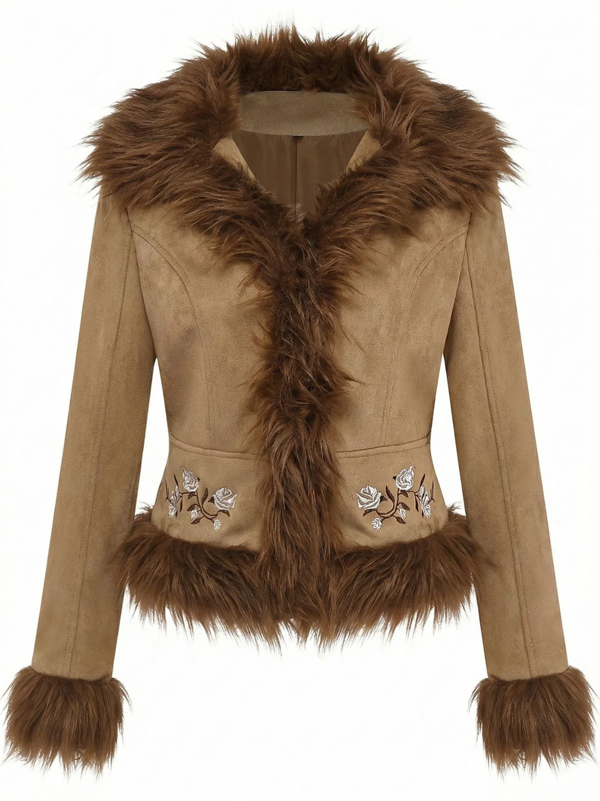 Veste avec bordure en fausse fourrure et broderie de roses années 1970 - Image 2