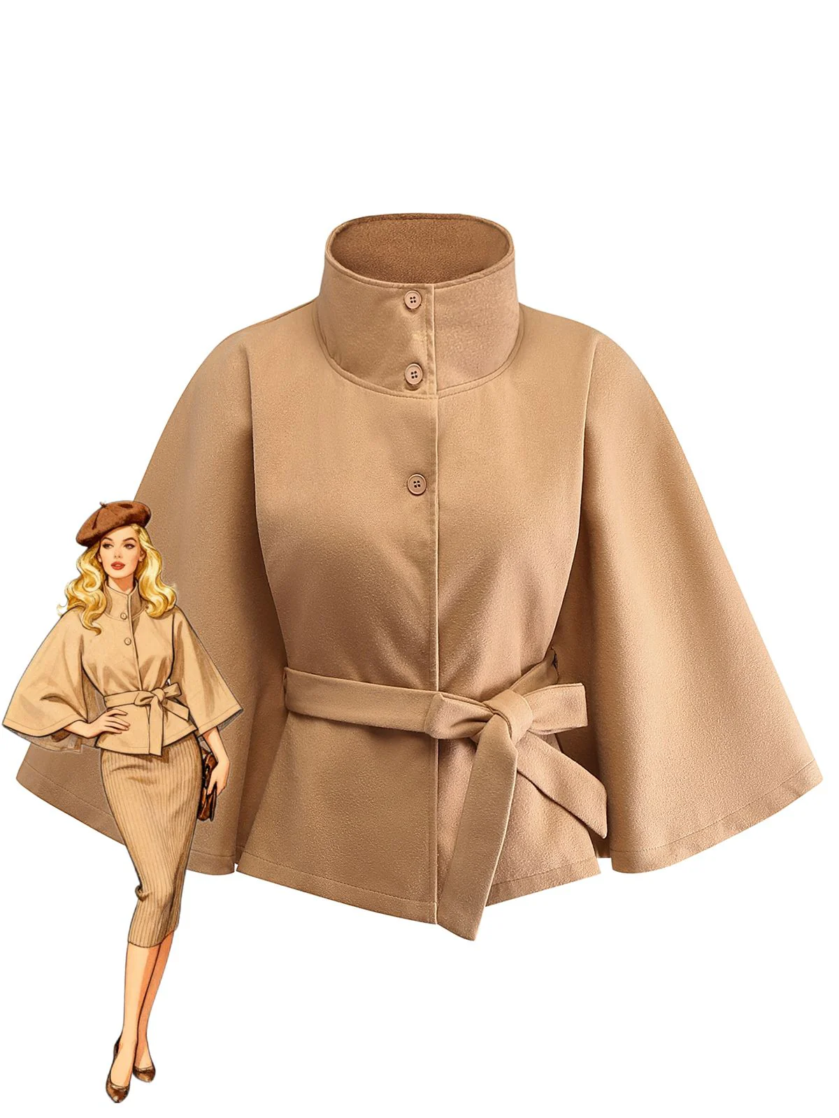 Veste cape à col roulé ceinturée unie années 1970