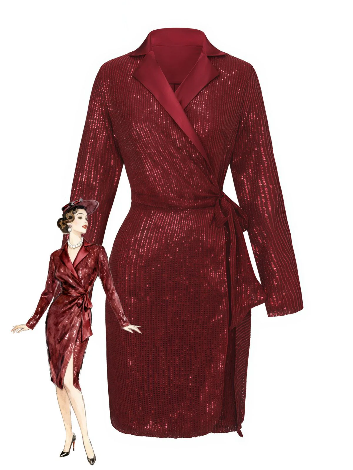 Veste longue pailleté col revers à nouer ceinturée années 1960
