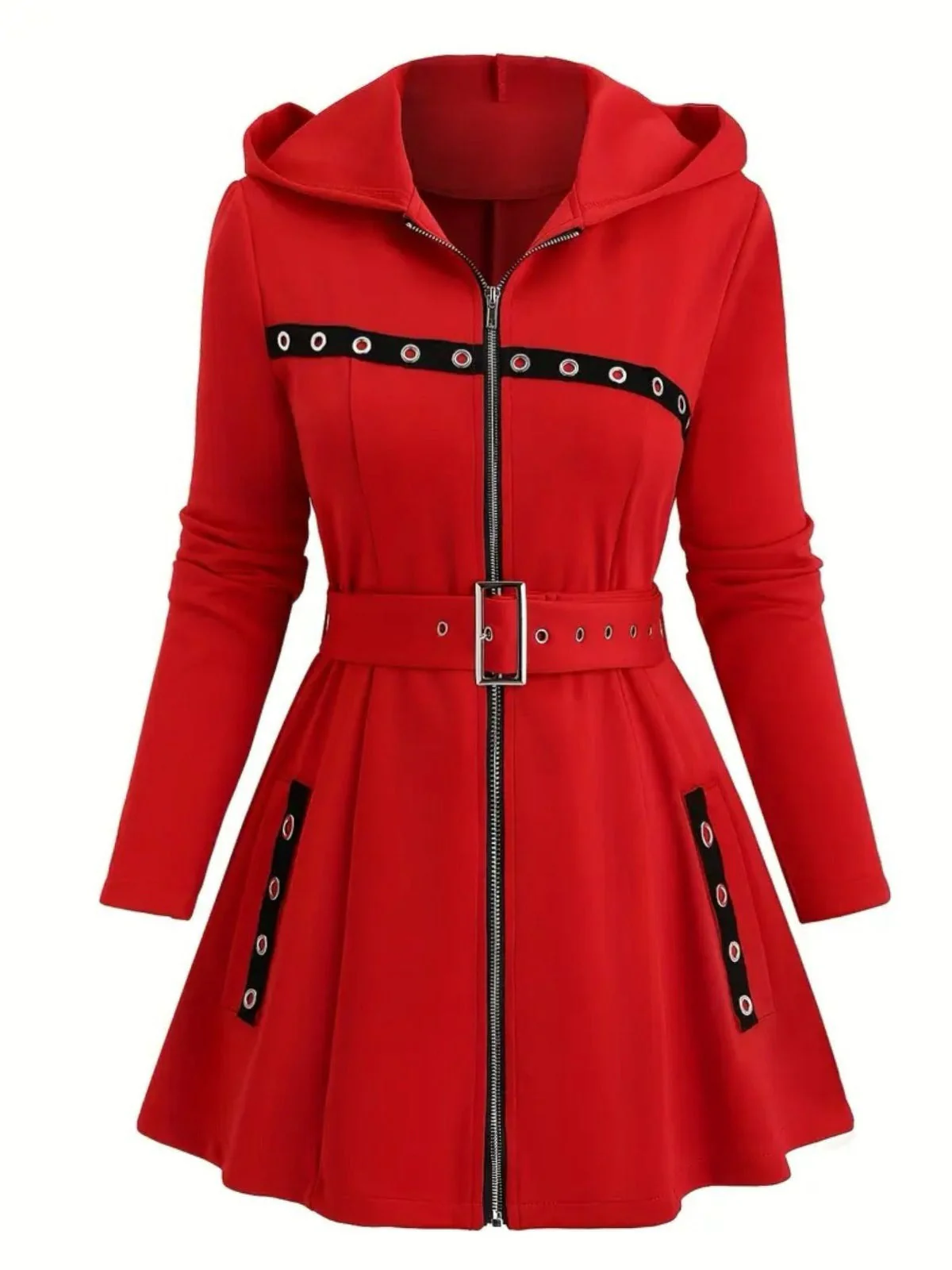 Veste midi punk à capuche et ceinture zippée années 1960