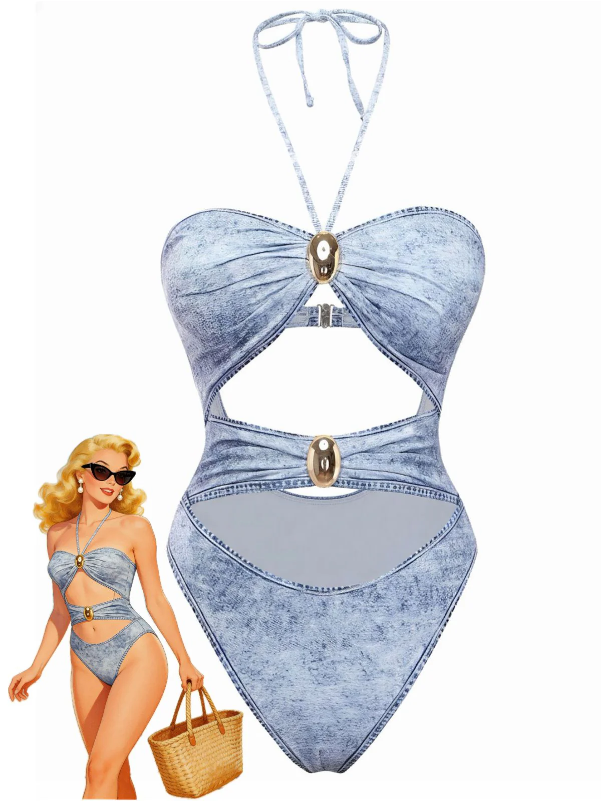 Y2K Maillot de bain une pièce denim dos nu découpes