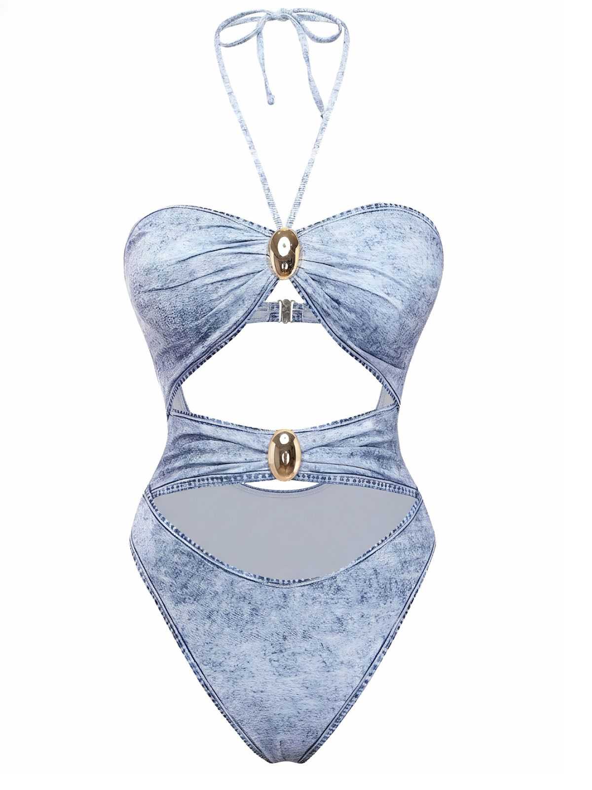 Y2K Maillot de bain une pièce denim dos nu découpes - Image 2