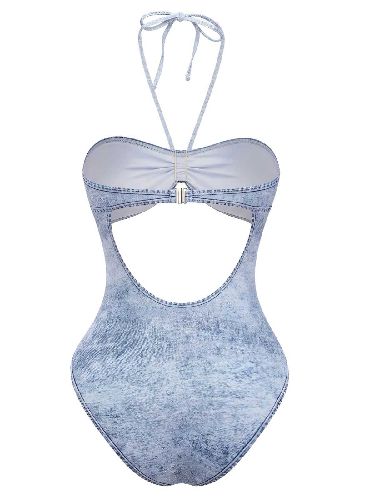 Y2K Maillot de bain une pièce denim dos nu découpes - Image 3